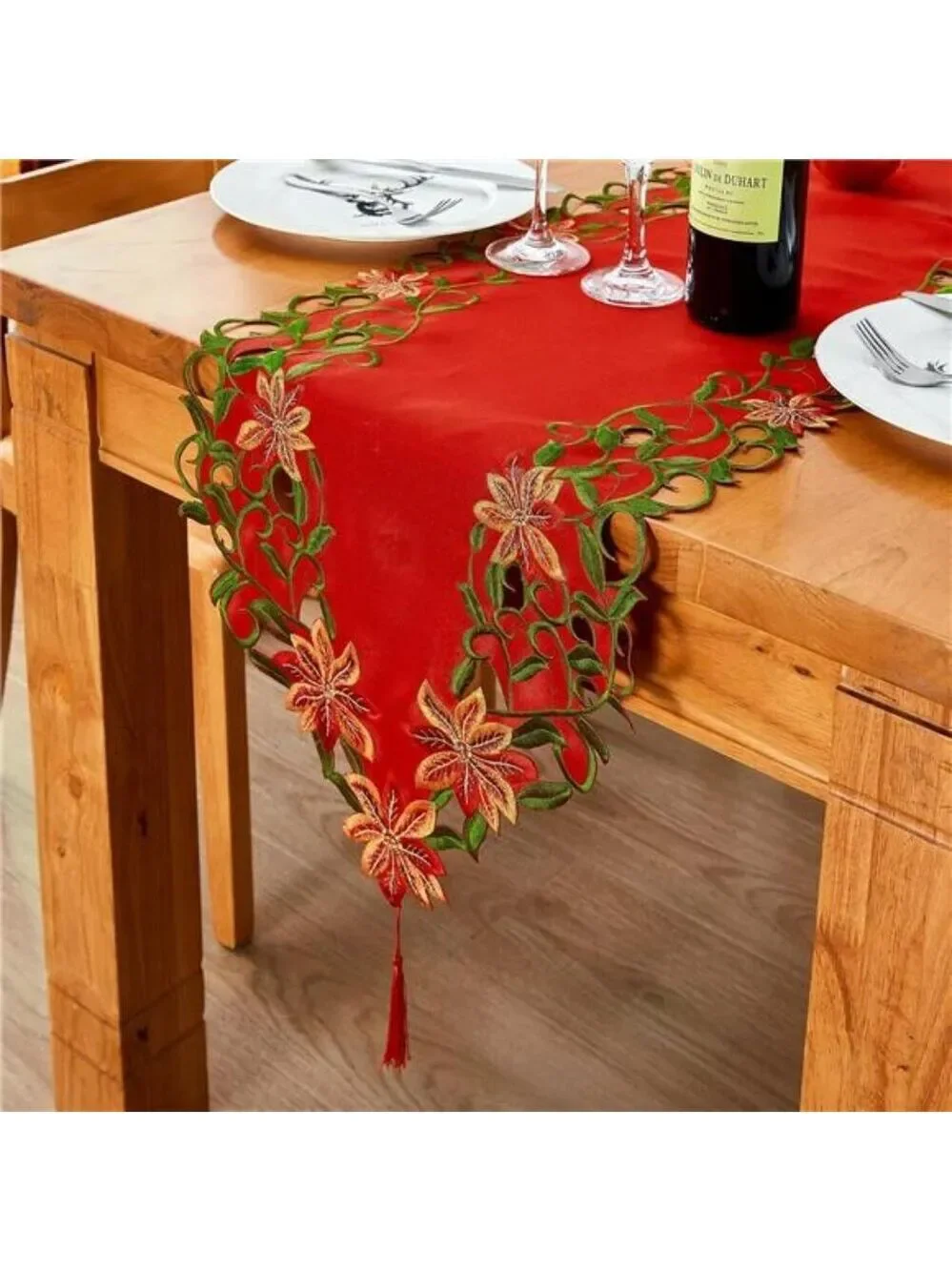 Christmas embroidered table runner red poinsettia green leaves holiday decor 69